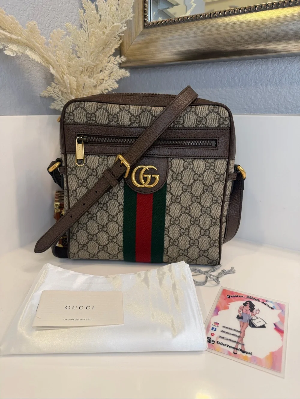 🎀GUCCI GG Supreme Monogram Web Small Ophidia Messenger Bag Brown